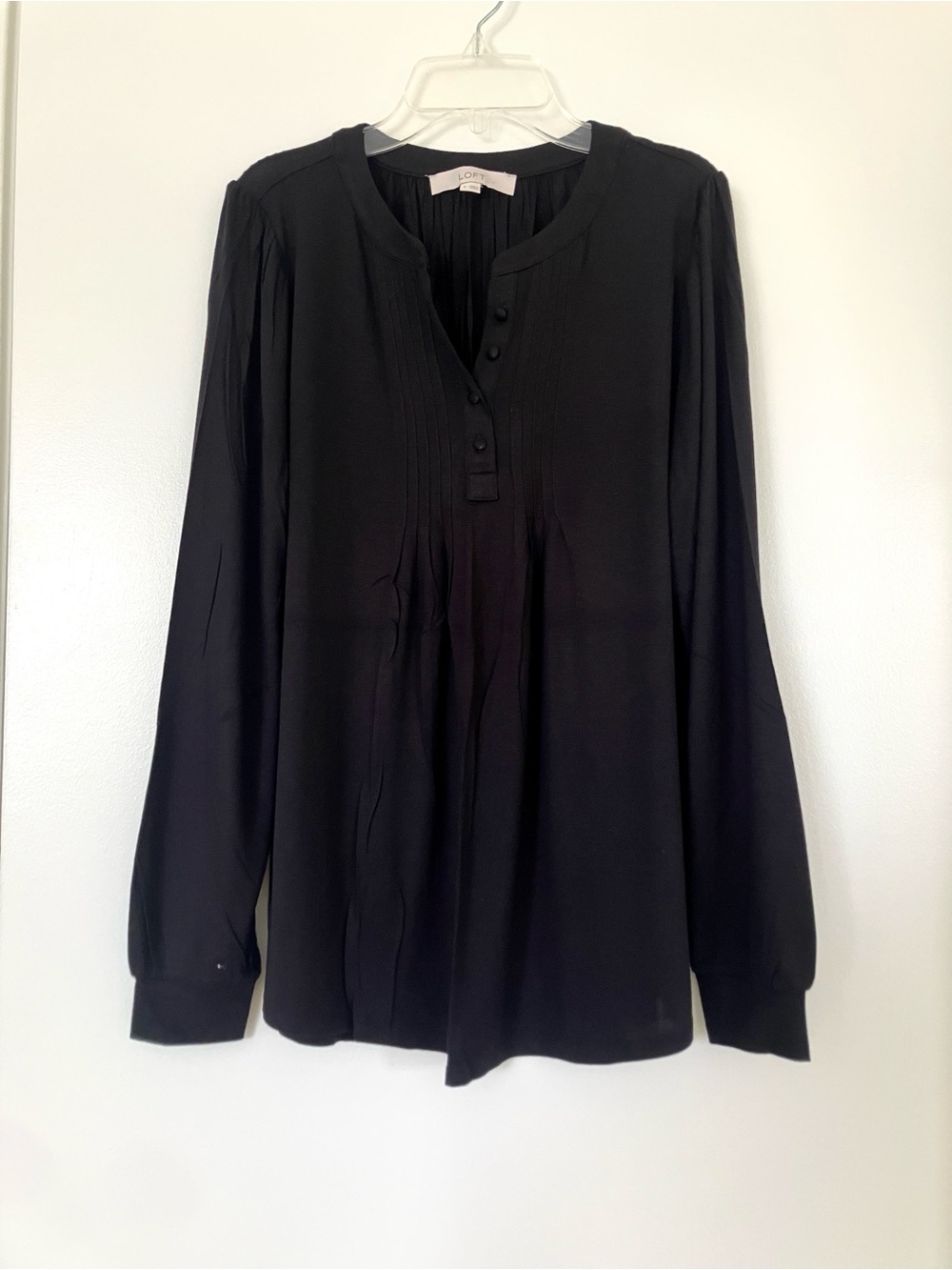 LOFT Black Long-Sleeve Pintuck Top